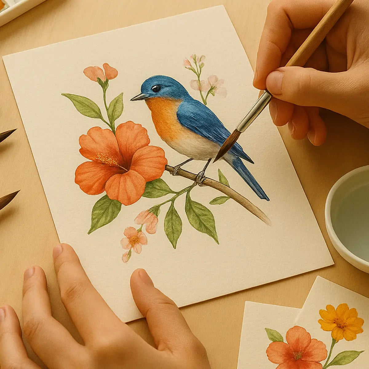 Flower & Bird Watercolor Painting